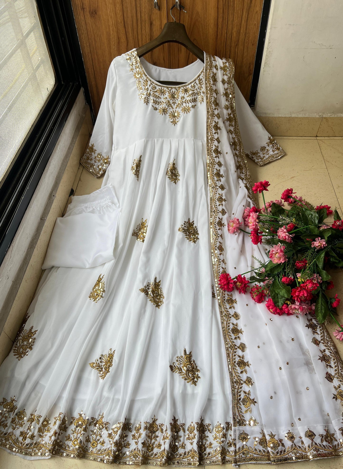 White cotton embroidered anarkali gown