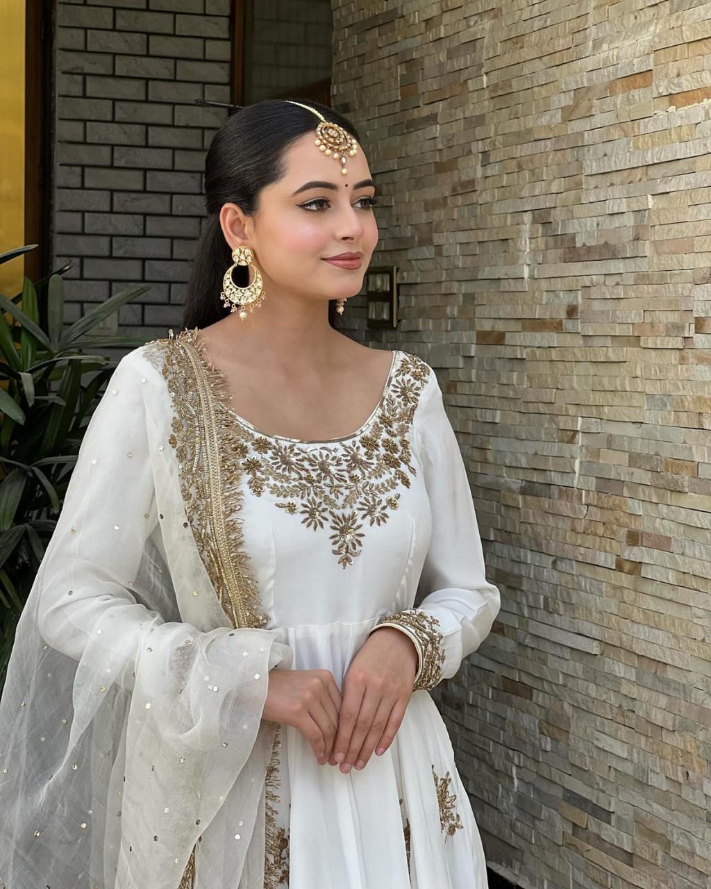 White cotton embroidered anarkali gown