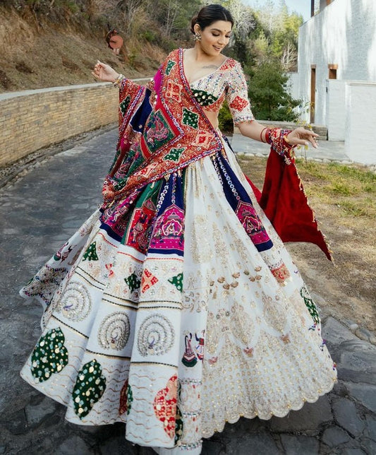 White cotton printed navratri gujarati garba mirror work lehenga chaniya choli