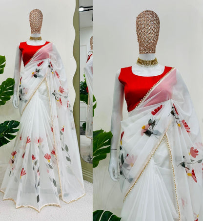 White tibby silk floral printed pearl work lace saree