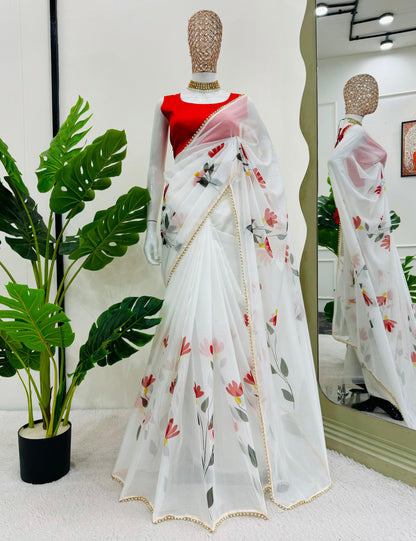 White tibby silk floral printed pearl work lace saree