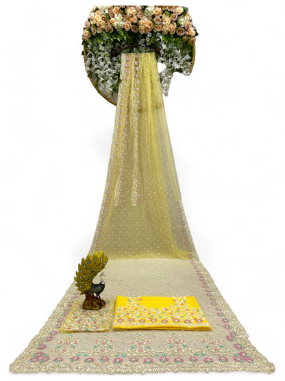 Yellow soft net designer ceremonial saree
