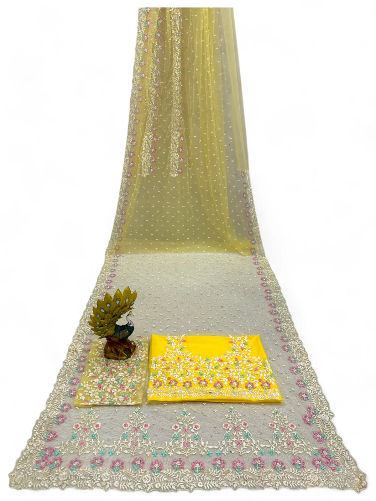 Yellow soft net designer ceremonial saree
