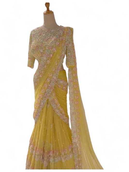 Yellow soft net designer ceremonial saree