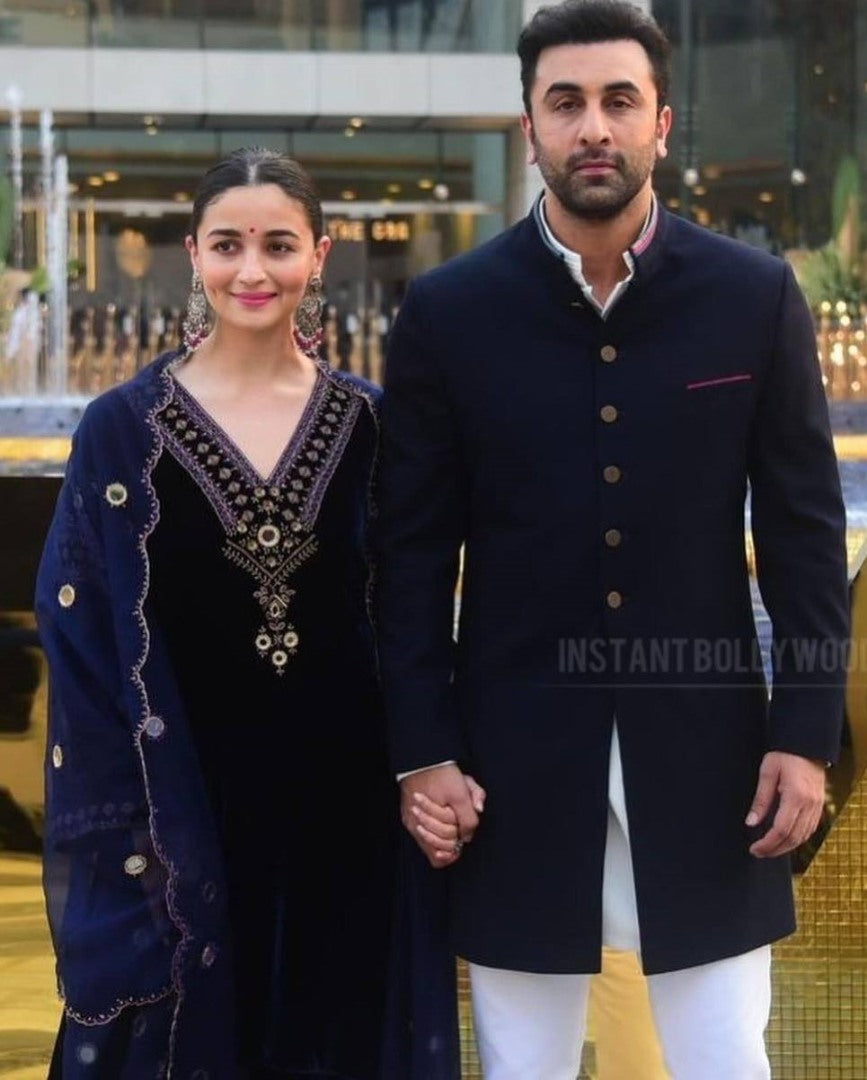 Alia bhatt dark blue velvet designer bollywood velvet palazzo suit