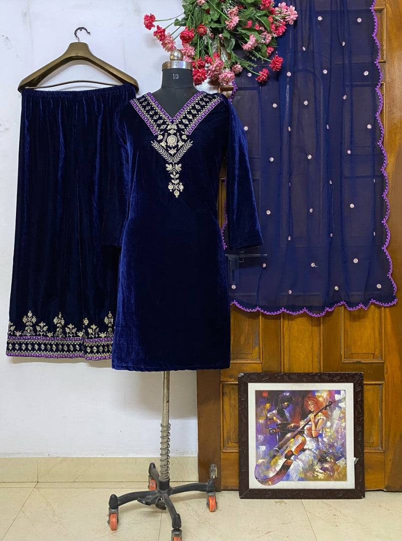 Alia bhatt dark blue velvet designer bollywood velvet palazzo suit