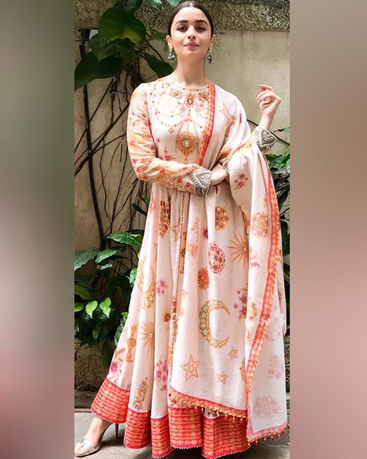 Alia bhatt light baby pink georgette digital printed long gown with dupatta