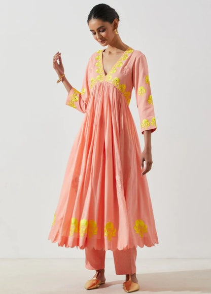Alia bhatt peach maslin cotton embroidered designer kurti