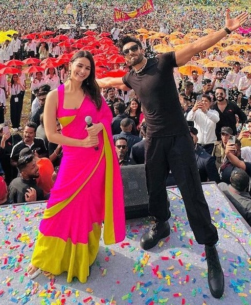 Alia bhatt pink yellow satin designer bollywood saree