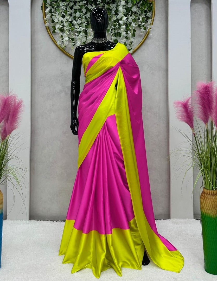 Alia bhatt pink yellow satin designer bollywood saree