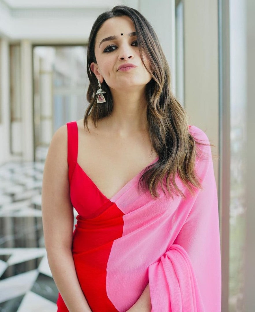 Alia bhatt red and baby pink georgette printed bollywood saree