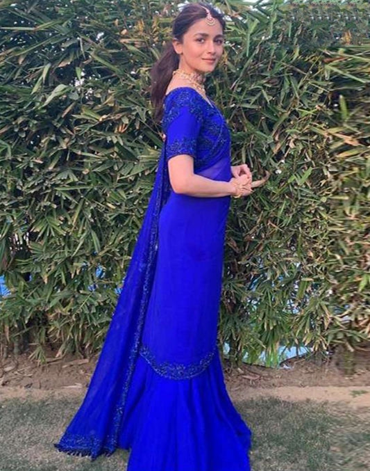alia bhutt blue georgette partywear saree
