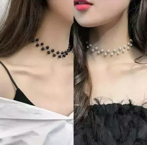 Alloy black and white combo pearl choker necklace