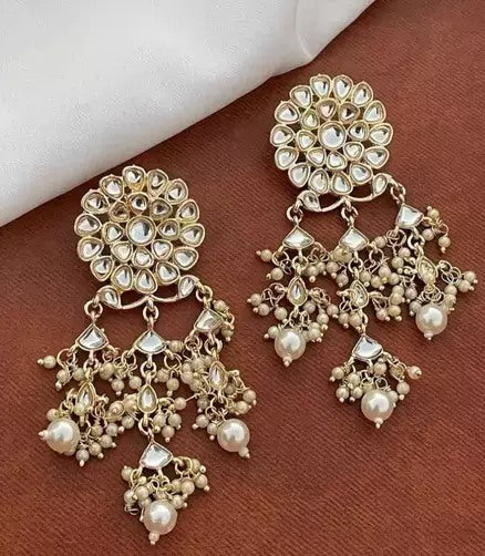 Alloy gold palted kundan pearls jhumka earrings