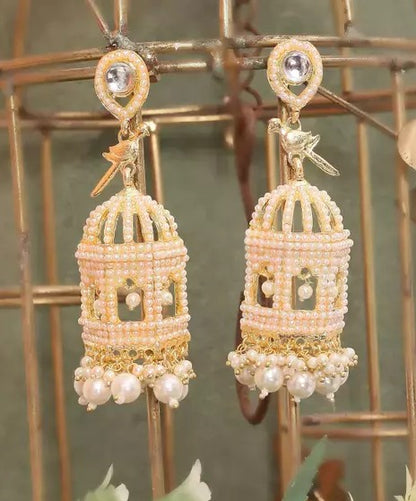 Alloy gold plated pearl cage jhumka earrings