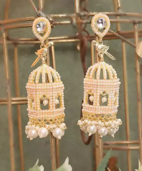Alloy gold plated pearl cage jhumka earrings