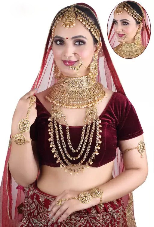 Alloy gold plated stones and beads heavy bridal jewellery set for wedding