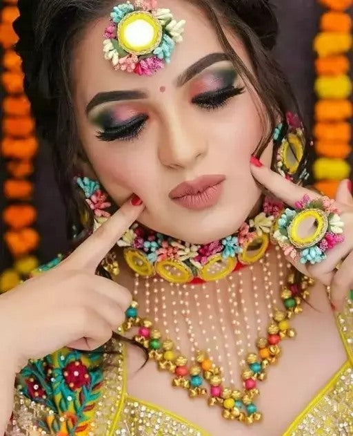 Alloy multicolor flowers and pearls bridal jewellery for mehndi and haldi ceremony
