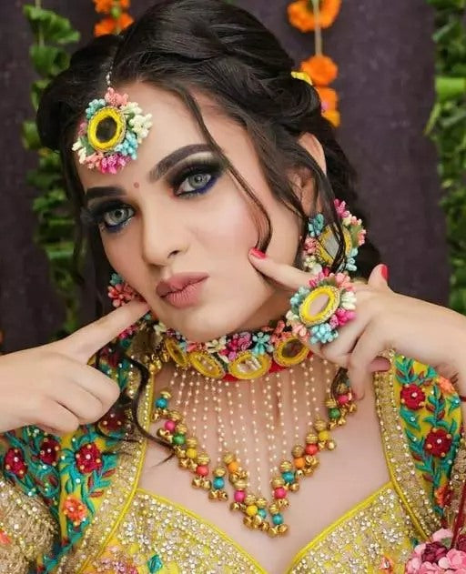 Alloy multicolor flowers and pearls bridal jewellery for mehndi and haldi ceremony