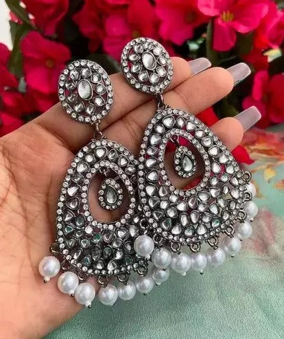 Alloy oxidised silver kundan jhumka earrings