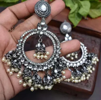 Alloy oxidised silver kundan pearl jhumka earrings