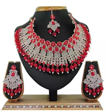 Alloy rhodium plated pink pearl and stones diamond Jewellery set