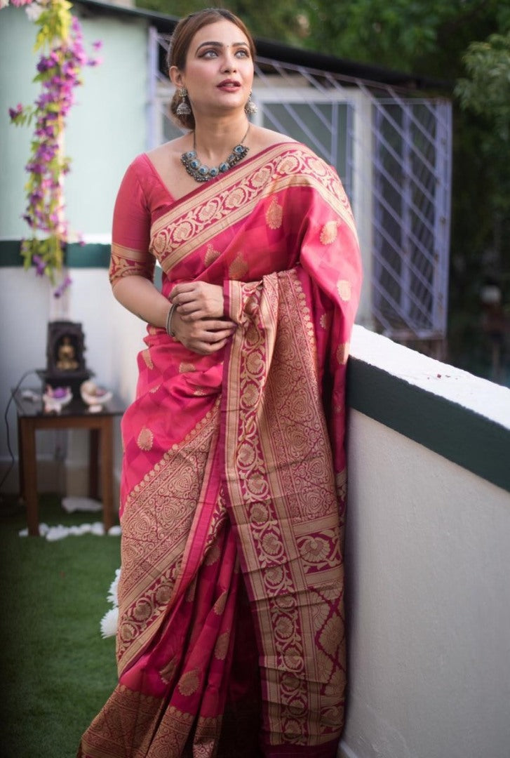 Anjani pink banarasi cotton silk weaving saree