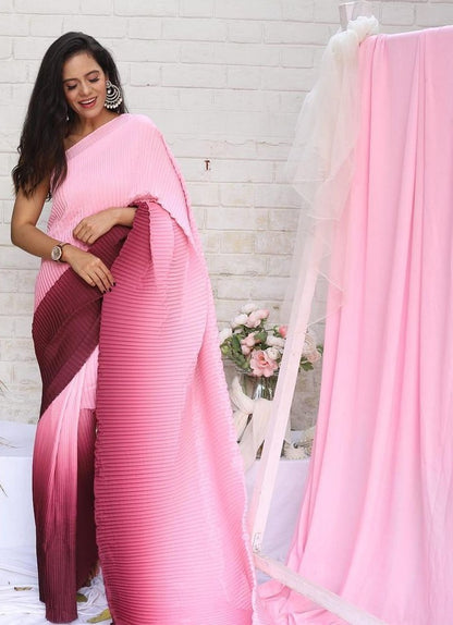 Baby pink and maroon georgette pleated saree