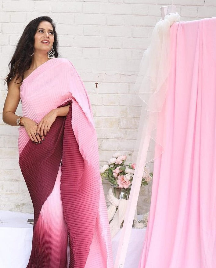 Baby pink and maroon georgette pleated saree