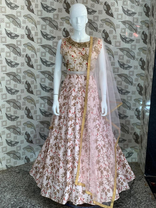 baby pink chennai silk printed and handworked anarkali suit