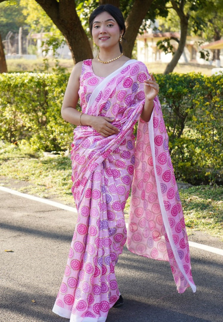 Baby pink chinon silk digital print and sequence work saree