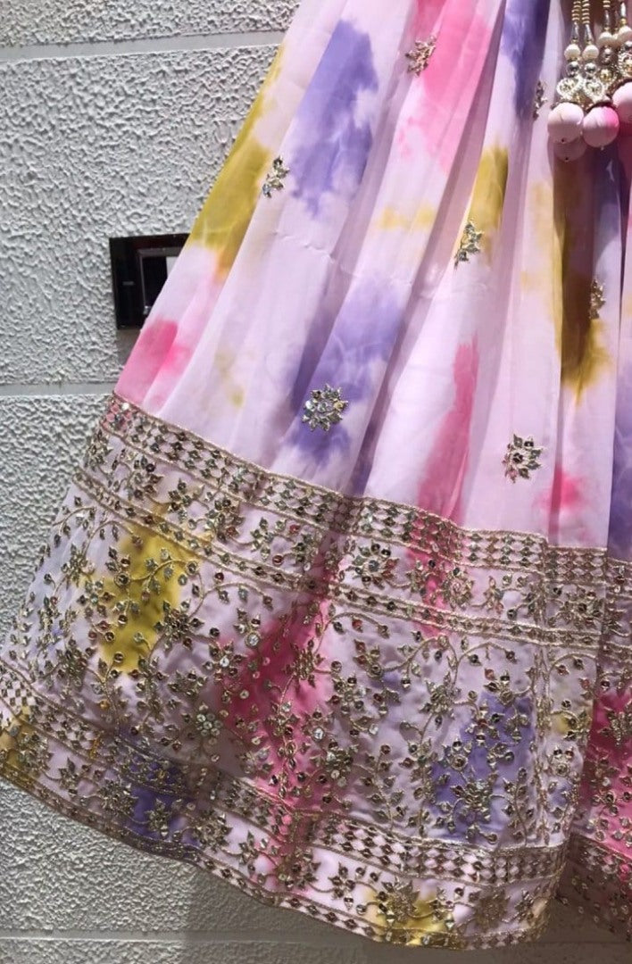 Baby pink chinon silk shibori printed embroidered lehenga choli