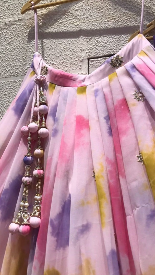 Baby pink chinon silk shibori printed embroidered lehenga choli