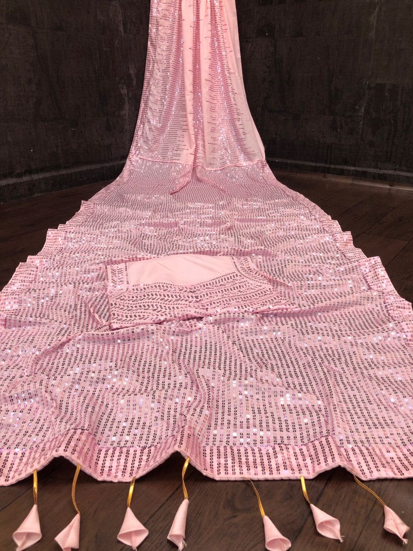 Baby pink crepe silk heavy sequence work saree
