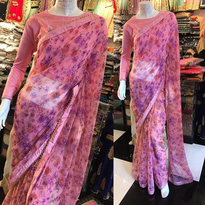 Baby pink digital printed casual wear saree