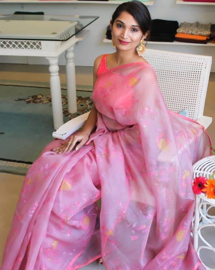 Baby pink digital printed khadi organza saree