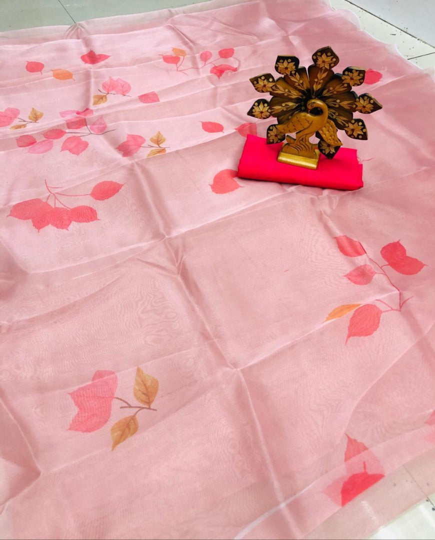 Baby pink digital printed organza saree