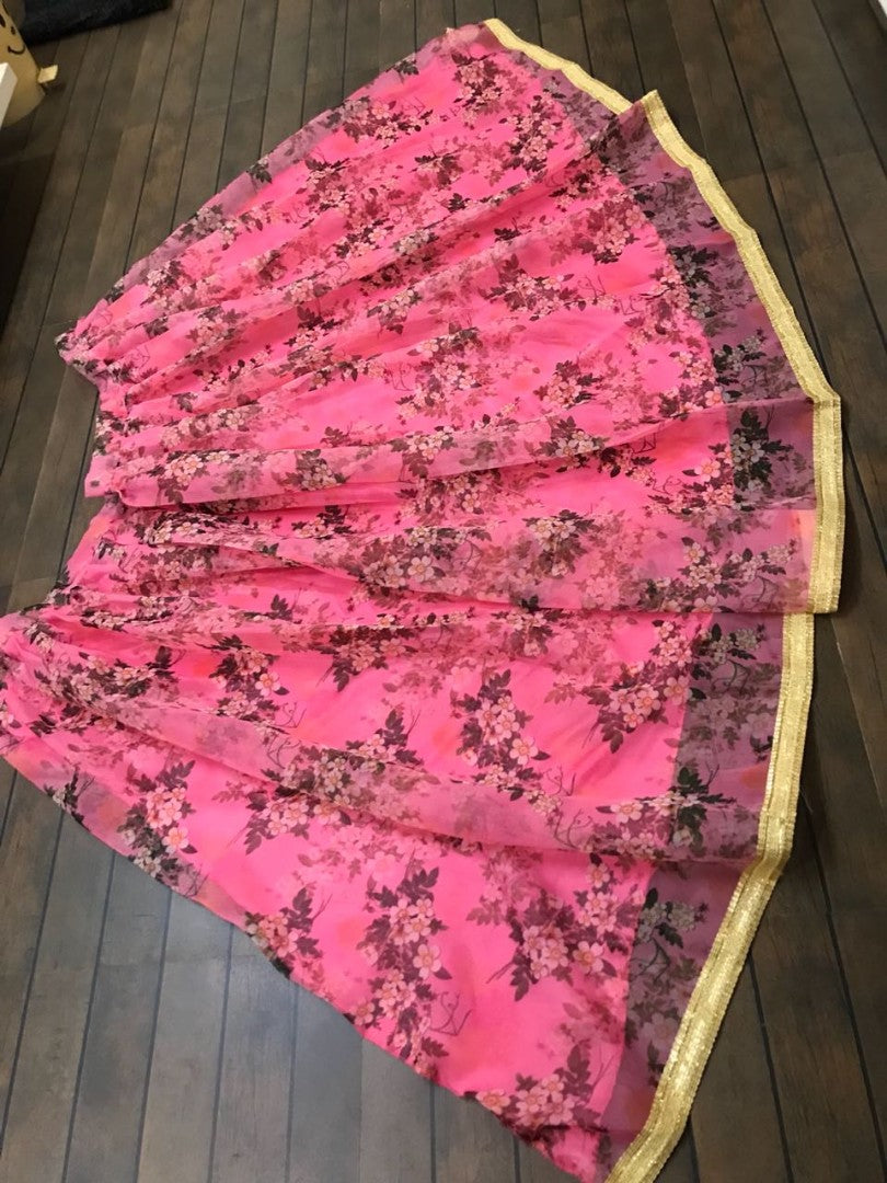 Baby pink digital printed organza silk ceremonial lehenga