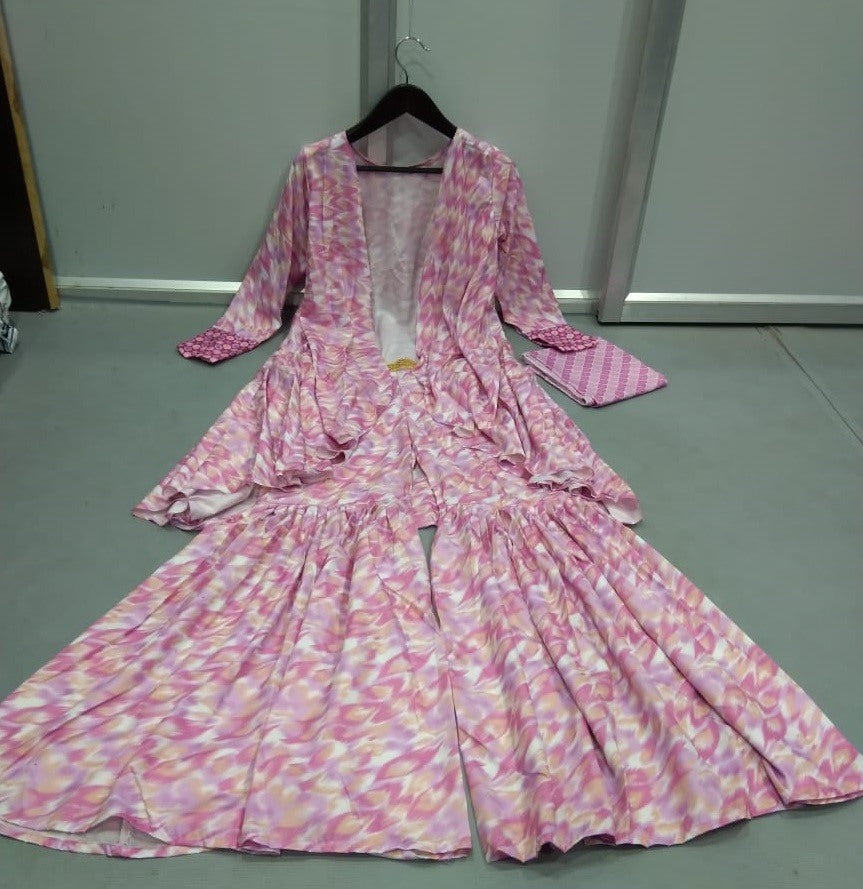 Baby pink digital printed stylist sharara salwar suit with koti