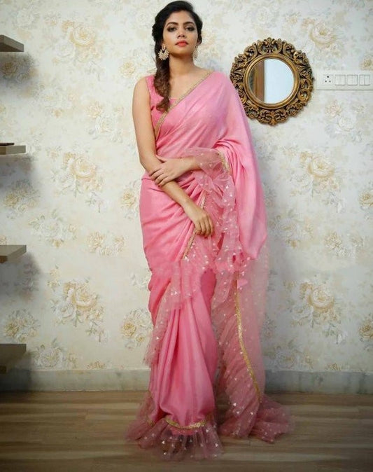 baby pink faux georgette ruffle partywear saree