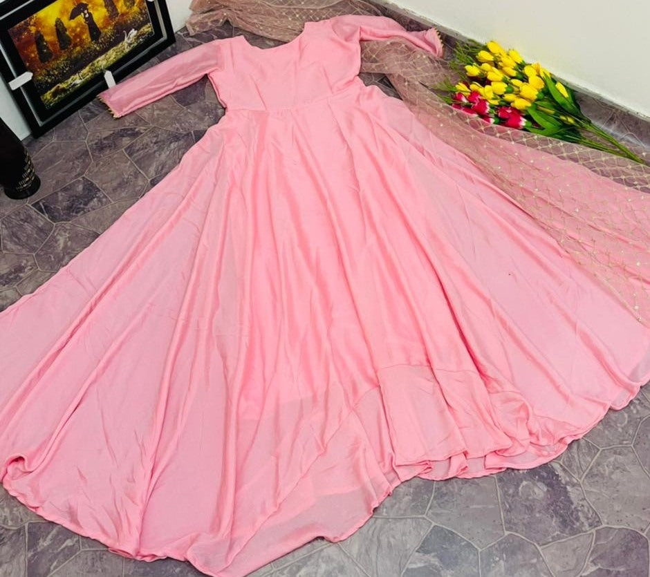 Baby pink finlon silk full stitching work party wear long gown