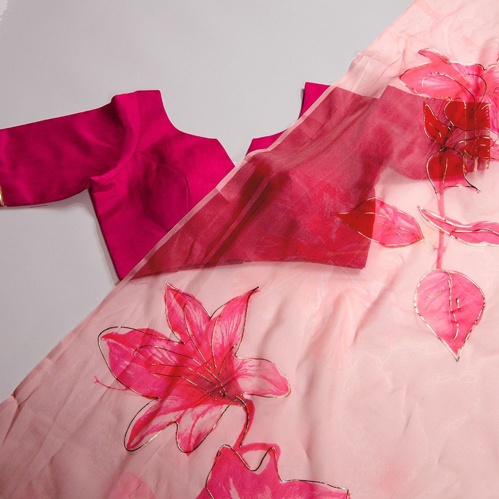 Baby pink floral and foil print organza saree