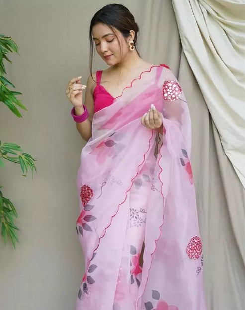Baby pink floral printed girlish organza saree