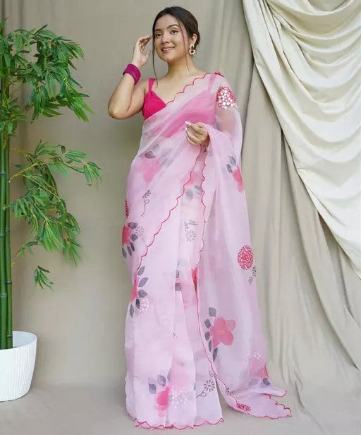 Baby pink floral printed girlish organza saree