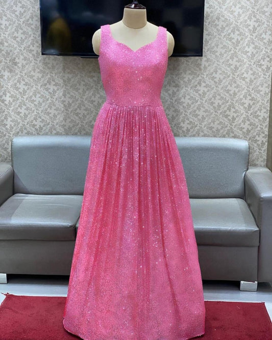Baby pink full sequence work partywear gown