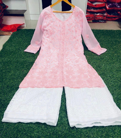Baby pink georgette chainstitch embroidered plazzo kurti