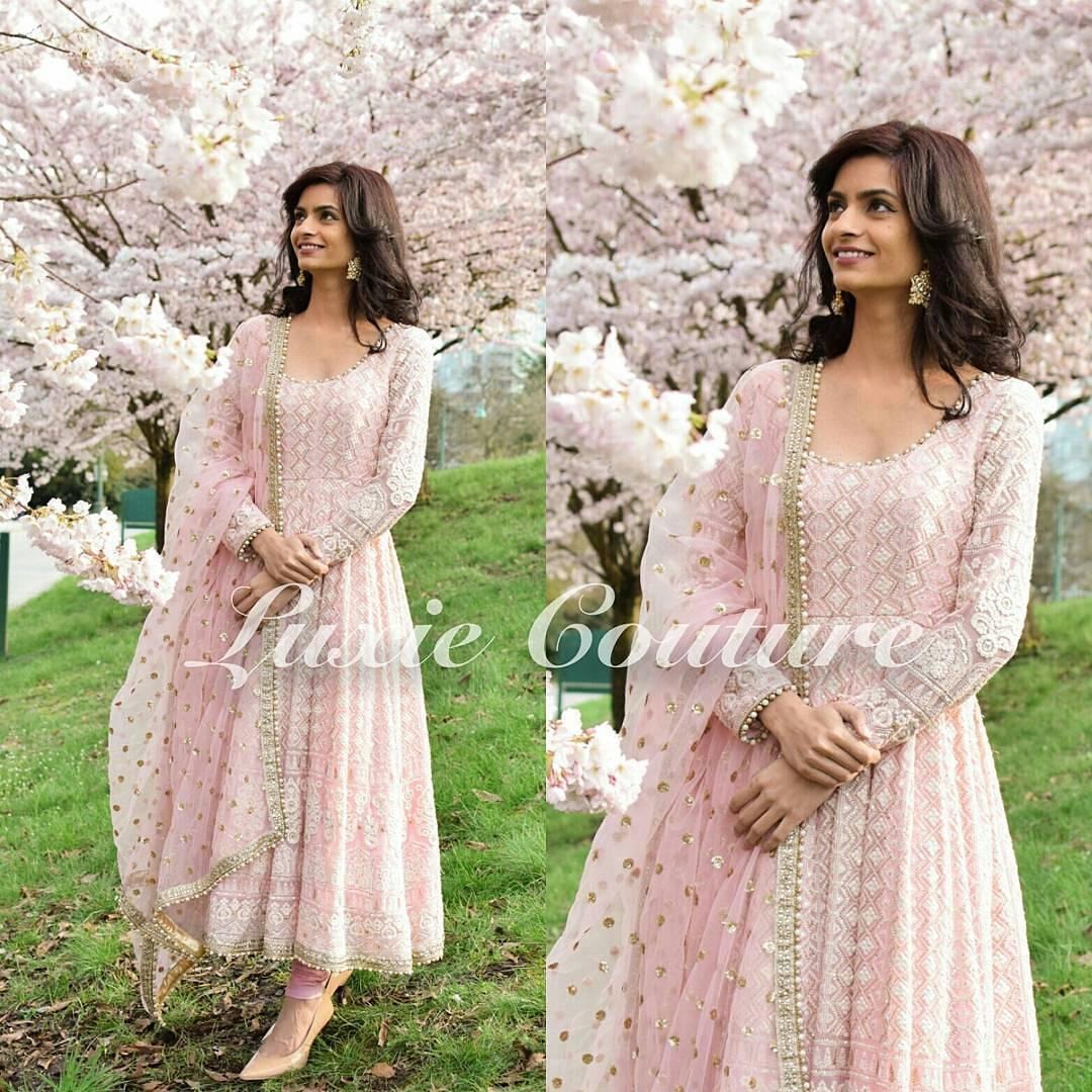 Baby pink georgette embroidered anarkali suit