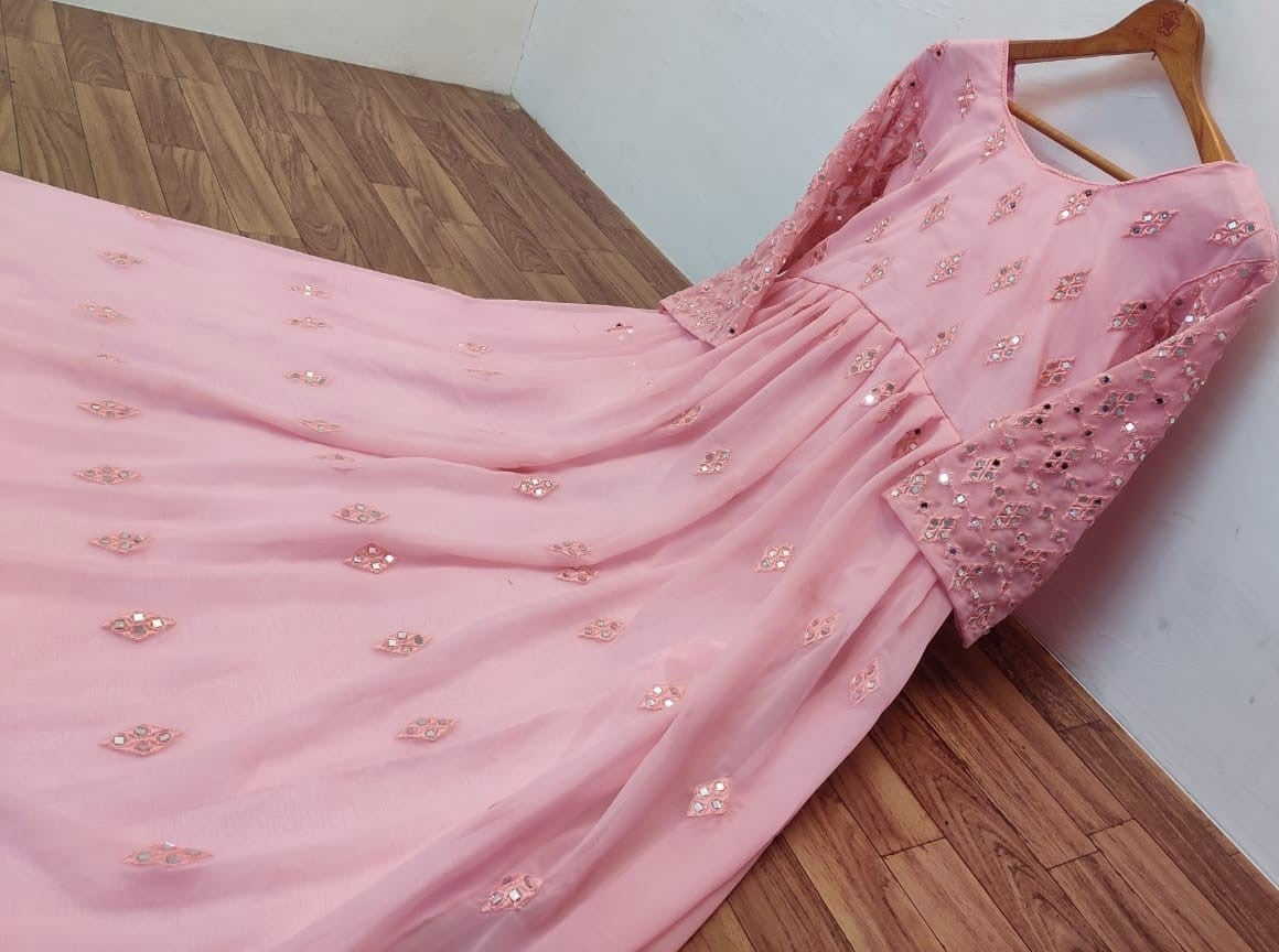Baby pink georgette embroidered and mirror work gown