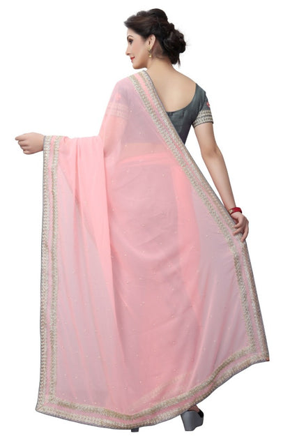 Baby pink georgette embroidered and stone work casualwear saree