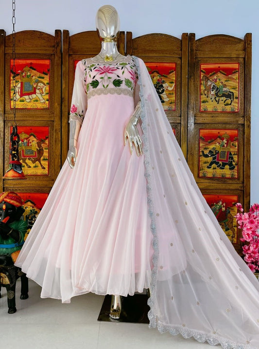 Baby pink georgette embroidered long gown